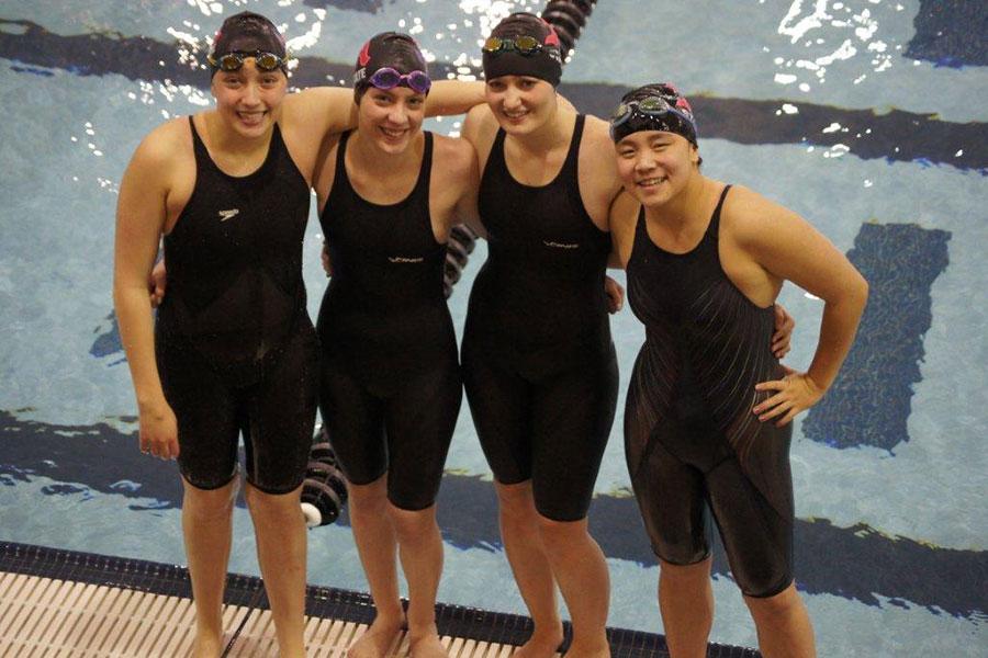 (from left to right) Kelcie, Kelli Callahan, Nina Christensen, and Claire Collier at the 2013 Western Slope Regional Championships. This was out 4x100 free relay