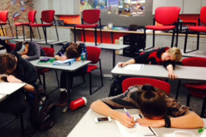 Students dozing off during spanish class missing important material.
