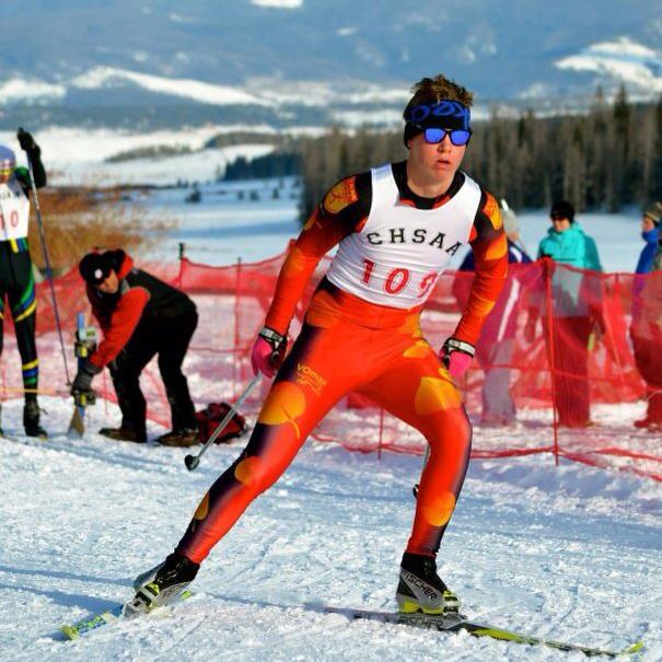 Senior Scotty Houtsma skis at Nordic States in the winter of 2013. He pushes to lower his time in order to be a good candidate when it comes to Skimeisters States.