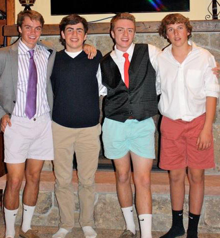 Juniors Harry Ferguson, Tyler Tick, Ryan Fitzgerald, and Gabe Hjorth dress up for an evening out in their pastel short shorts and shirts. 