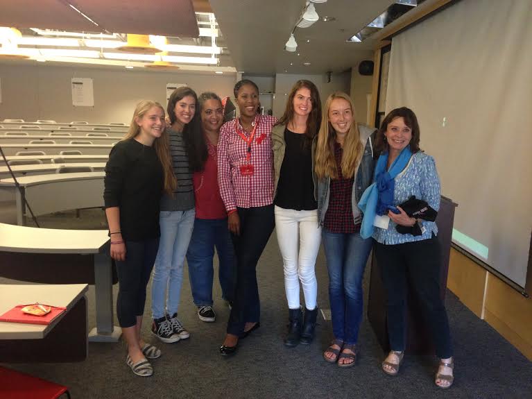Ozor poses with AHS students and faculty Katia Galambos, Courtnay Edwards, Char Debsin, Tiana Perry, Anna Belinski, and Karen Green.