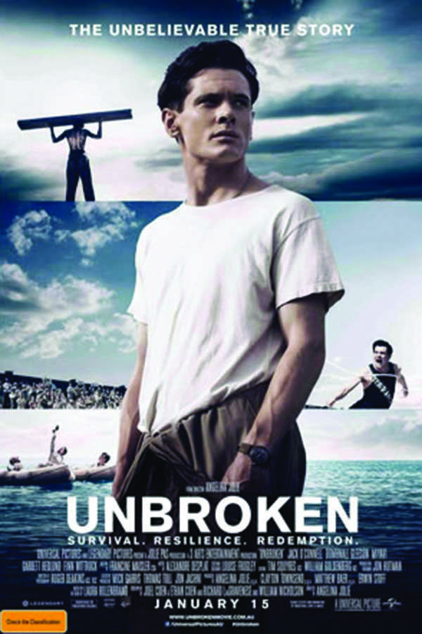 A poster from the blockbuster Unbroken based on the book about war hero Louis Zamperini.