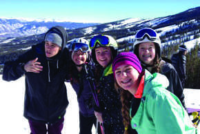 From left, Alex Hazen, Jane Marolt, Ashley Soderberg and Caroline Moriarty pose with Justin Bieber (far left) on Snowmass Mountain. 