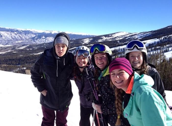 Sophomores Jane Marolt, Alex Hazen, Ashley Soderberg, and Caroline Moriarty with Justin Beiber on Snowmass Mountain two years ago. 
