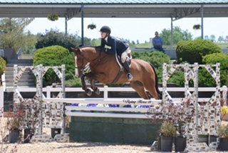 Eccelestone and her horse Bently, flying over a hurtle in competition.