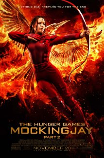 Katniss draws her bow and arrow in the Mockingly part 2 movie poster