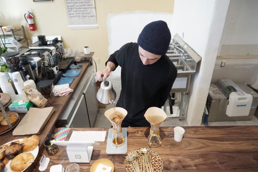 Kevin Newland prepares a made-to-order pour-over coffee at the newly opened Local Coffee House, inside the Maker and Place store in Aspen. 


