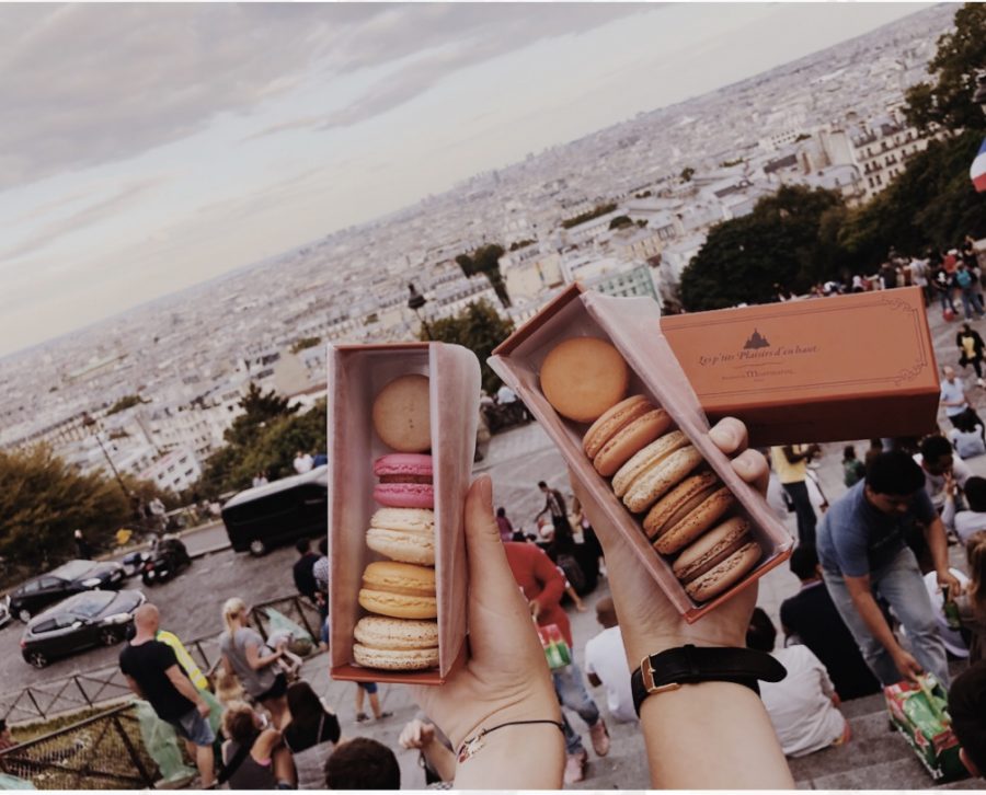 Paris, France.
Macaroons and the city landscape of Paris, after climbing to the top of a hill to see a church and museum.