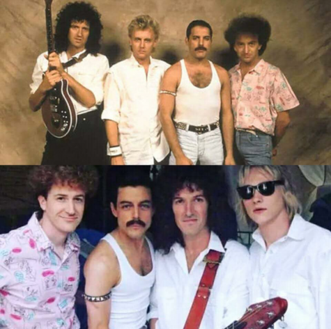 The original band members of Queen (top) compared to the cast of Bohemian Rhapsody (bottom).