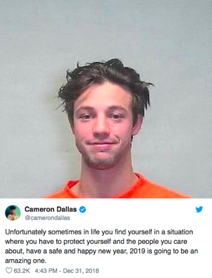 Pictured above is Cameron Dallas’s Instagram/Twitter post of his mugshot, followed by a heartfelt caption explaining his aggressive actions.
