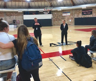 Amanda Trendell and Martha Richards meeting with female sports teams about the movement.
