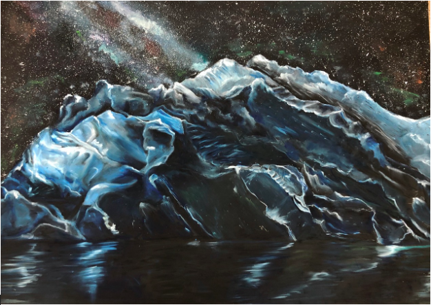 Estelle Sweeney’s favorite oil pastel painting of an iceberg named “Melted”. This painting represents melting icebergs and climate change. 