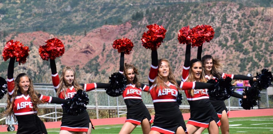 AHS Spirit Team performs during halftime at a football game. Pictured from left to right: Louise Lipsey, Avery Hirsh, Margot Compois, Grace Romero, Jamison Delaney, Eryn Brettman. 