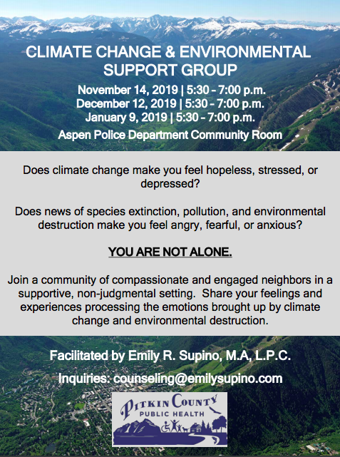 Poster distributed around Aspen encouraging citizens to attend the climate change, support group.