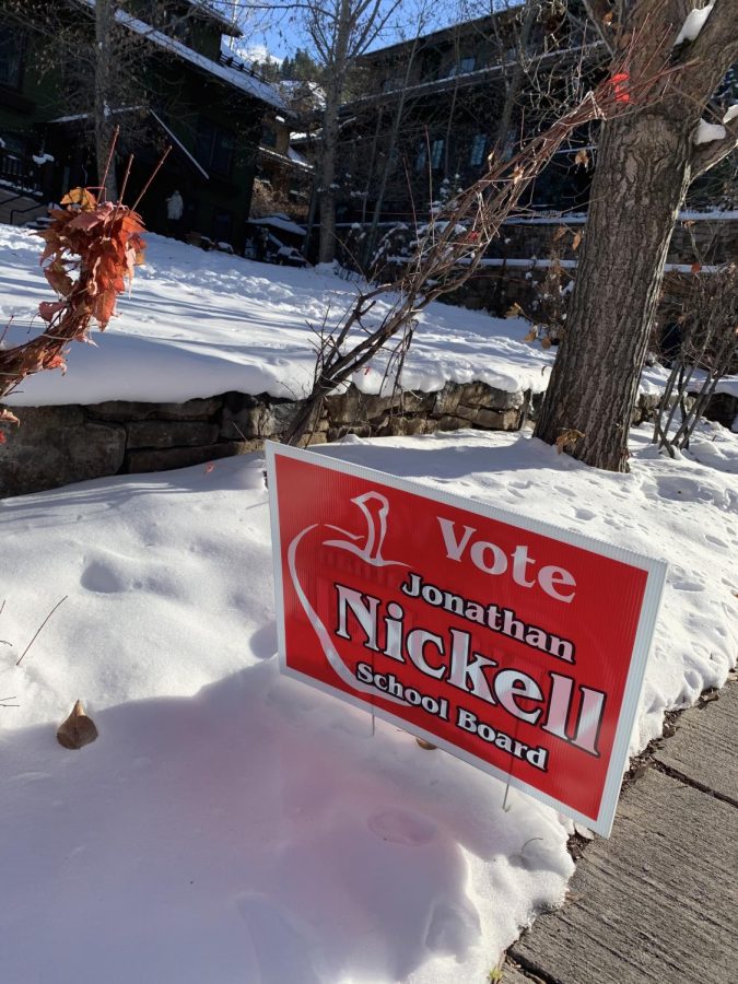 A campaign sign for Jonathan Nickell, one of the candidates who was elected to the board, in Aspen on a recent afternoon.