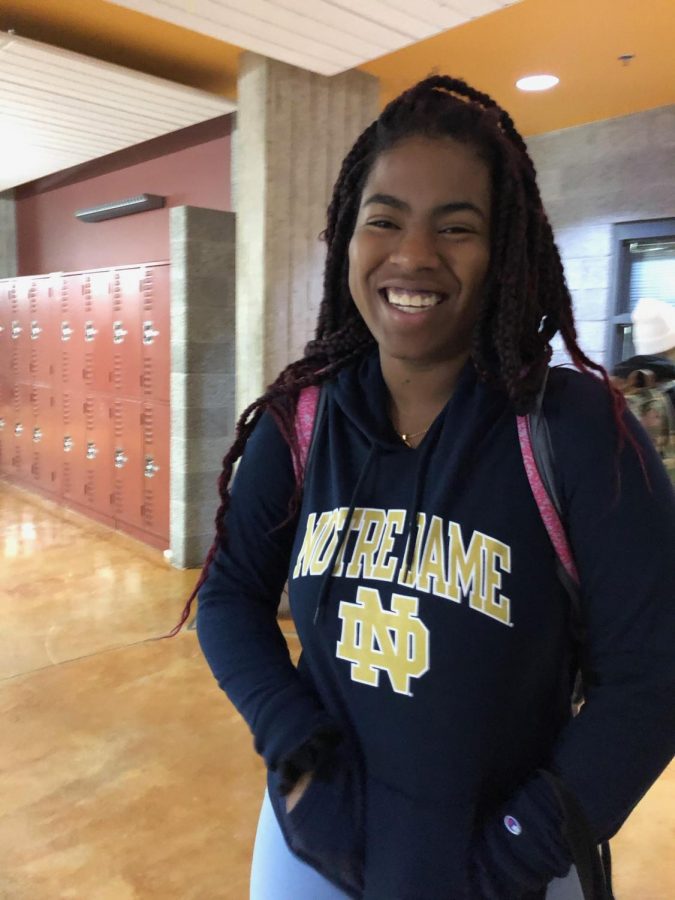 Climary Sanchez wears her Notre Dame sweatshirt after being matched to the University through the QuestBridge scholarship.