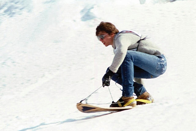 Snowboarder testing the new snurfer in Michigan 1965, invented by Sherman Poppen.