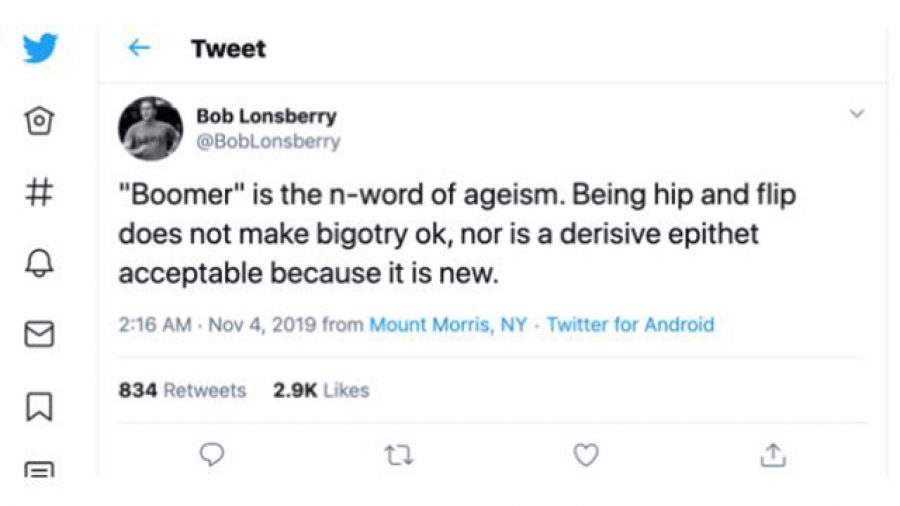 The infamous Bob Lonsberry tweet comparing OK Boomer  to the n-word.