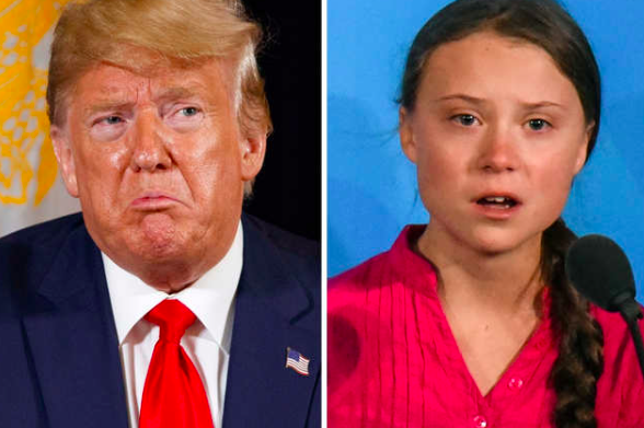 Trump on left and Greta Thunberg on right during the UN meeting.