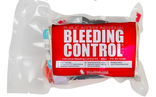 A photo of a Basic Bleeding Control Kit, which includes devices such as a C.A.T. tourniquet and compressed gauze. These kits are a part of the Stop the Bleed program implemented in schools across the valley.