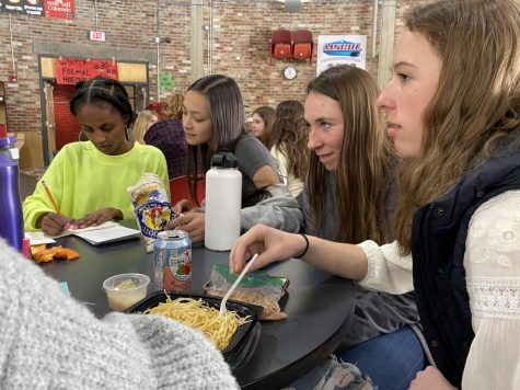 A group of AHS students blissfully eating lunch in the Commons unaware of their peer's potential allergies.