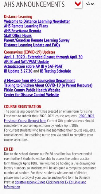 Aspen High School announcements located on the aspenk12.net website. AS of April 7th.