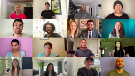 The cast of Hamilton sings to Aubrey (pictured in 2nd column from left in 3rd row from top) whose Broadway show was cancelled due to Covid-19, on John Krasinski's show, Some Good News.