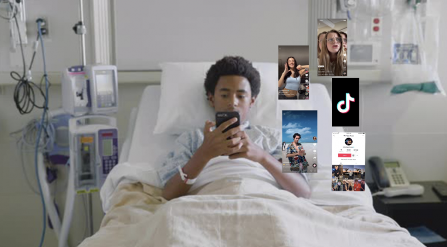 A student currently hospitalized with a severe TikTok addiction gets his daily dose of TikTok.