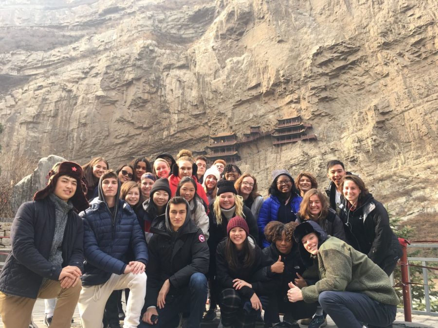 The class of SYA (School Year  Abroad) 2020 posing in front of the Hanging Monastery in Pingyao Gucheng, Shanxi.