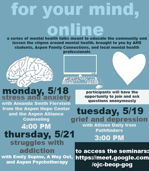 Poster for the For the Mind, Online sessions, created by Emily Kinney, Jack Blocker, and Hannah Yeary.