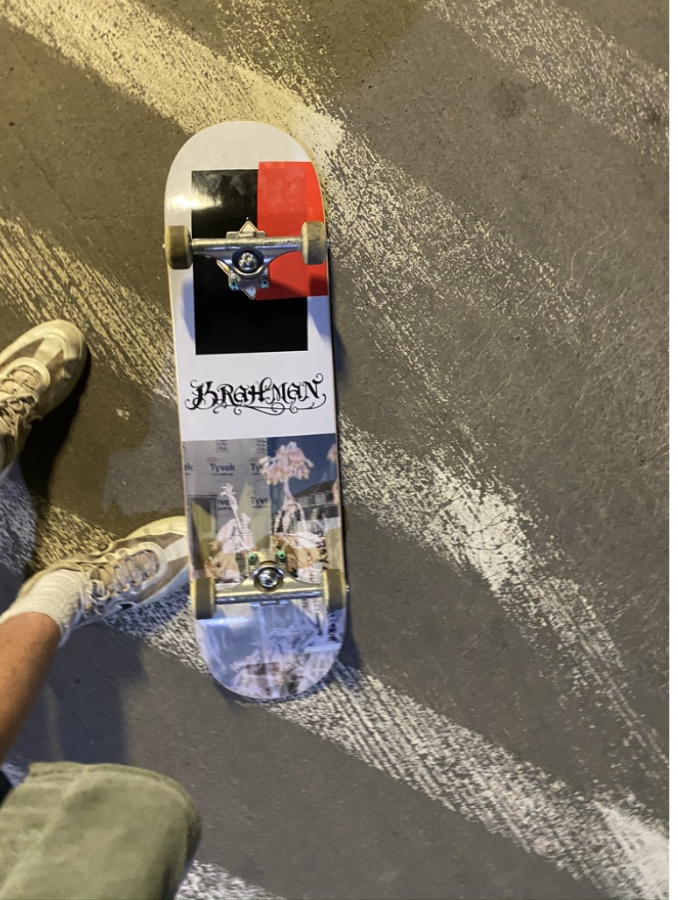 Flipped skateboard featuring unique graphics.