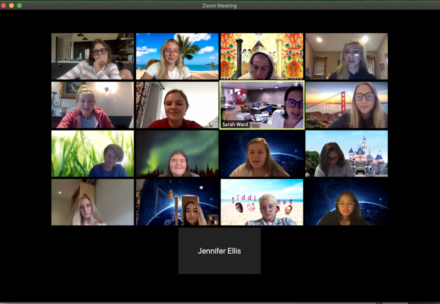 Members of the Journalism class uses backgrounds in their Zoom call.