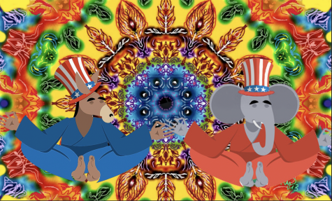 A representation of the two main political parties taking a mindful minute.