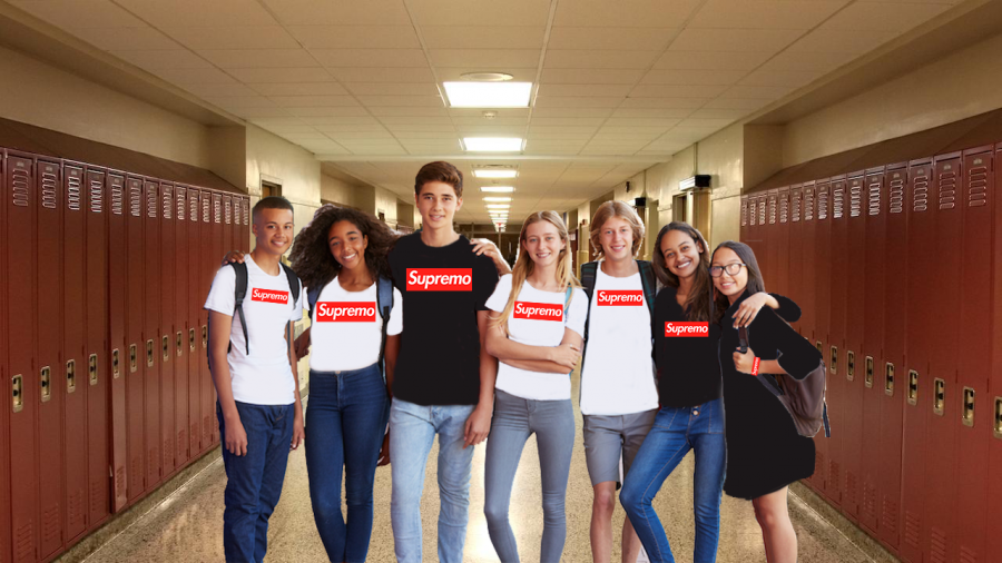 AHS students crowd in the halls and pose in their new Supremo shirts.