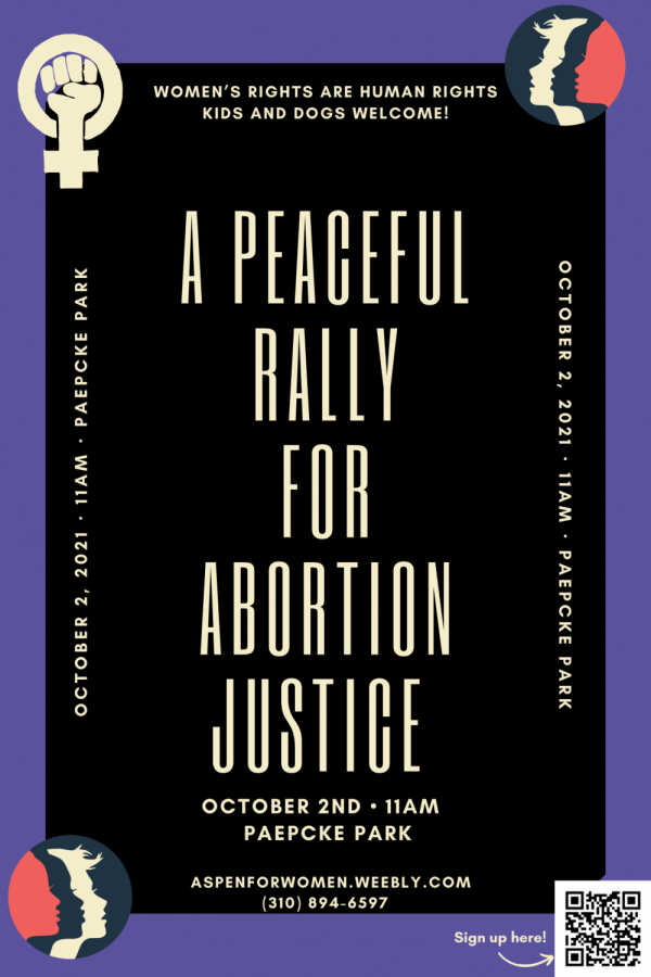 A poster for the Peaceful Rally for Abortion Justice on October 2nd at 11 am in Paepcke Park.