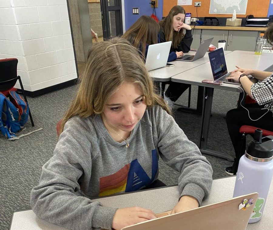 AHS Sophomore, Lauren Kinney, types on a computer without a mask on.