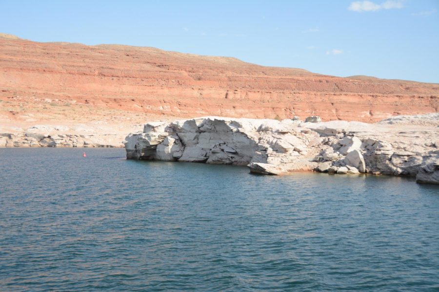 Lake+Powell+is+quickly+disappearing%2C+water+levels+are+at+an+all-time+low.+We+can+see+here+the+water+lines+are+sinking+and+exposing+rocks+like+this+one+in+the+lake.