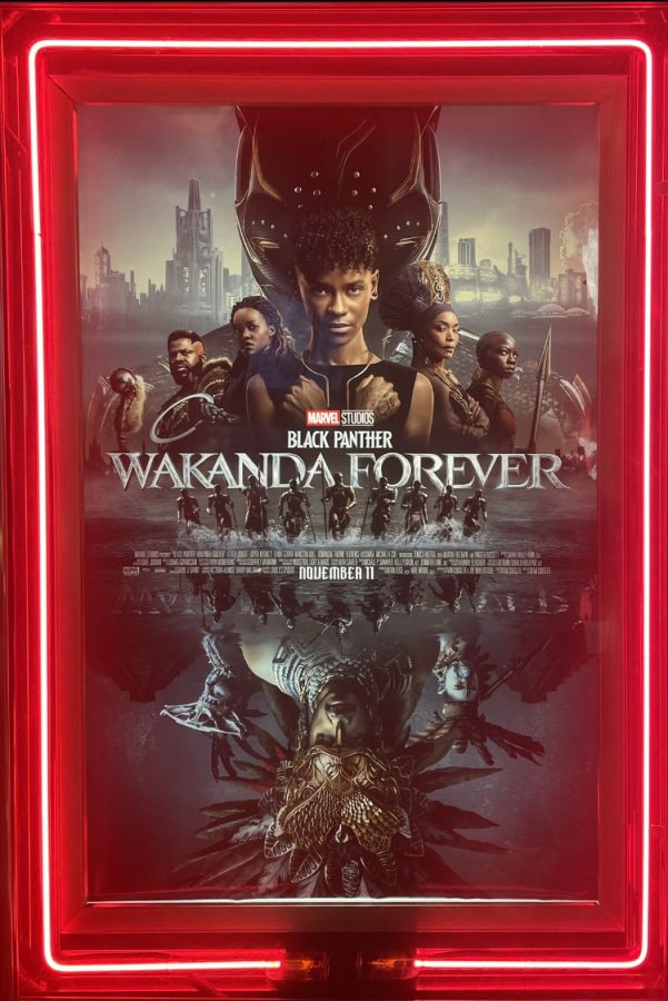 The local Isis Theater poster for Black Panther: Wakanda Forever presented before walking into the movie.