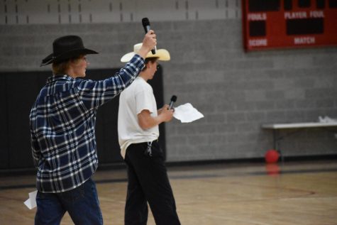 Head Students Peter de Wetter and Alex Schlosser lead their first pep assembly on the first day of school, Aug. 23, 2022.