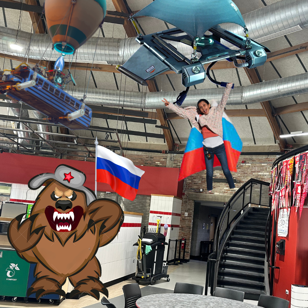 Bondre Belasquez dropping in on the AHS cafe with her Russian ally, the Soviet Bear.