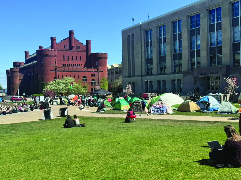 A Pro-Palestinian encampment set up at the University of Wisconsin-Madison by students in front of the Memorial Library.