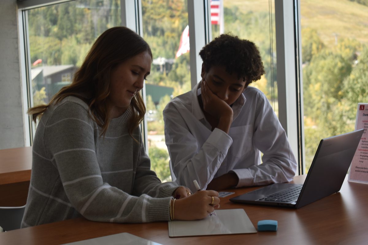 Students pose to be studying for a test in the AHS library 7th period. 