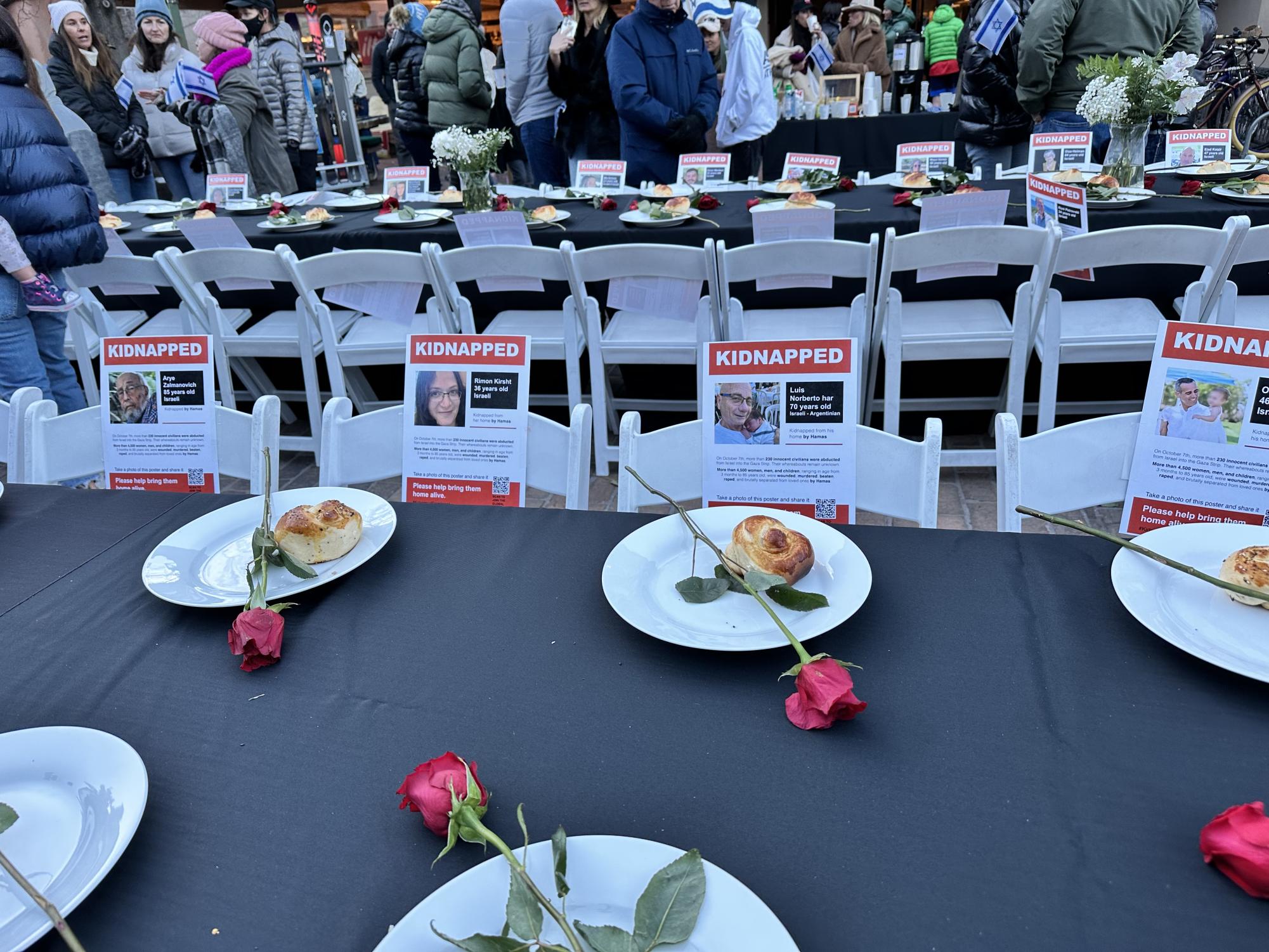 To honor the hostages in Gaza, a table was set up during a Jewish solidarity event held on Nov. 9, 2023, in Aspen, Colorado.