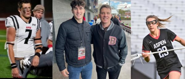 From left to right, Alec Slesiner-Hall kneeling down while listening to AHS Head Coach Eric McCready, Henry Hurd posing with Brown University head coach James Perry, Haley Schmela active in AHS girls lacrosse game.