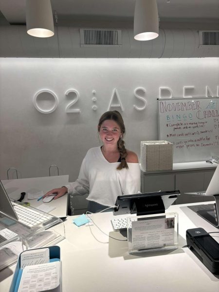 Senior, Anna Dangler working her desk job at O2 Aspen.