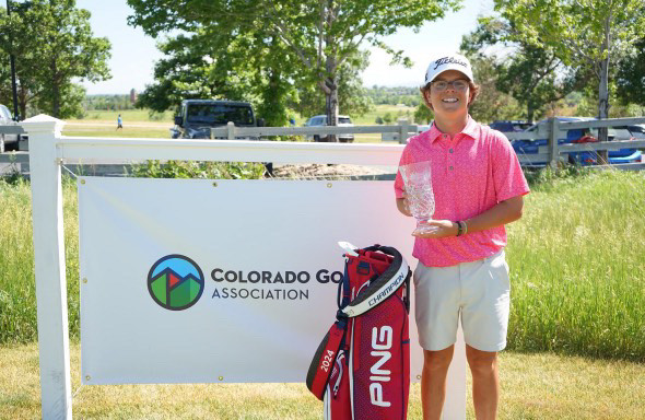 Miles Kuhl Posing with his new AJGA champion trophy and Bag at Walnut Creek Golf Course.