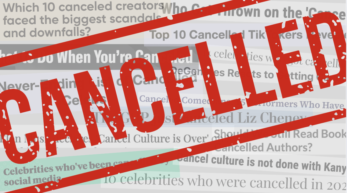 Collage of media headlines announcing public figures that have recently been canceled.