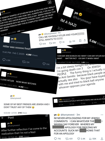 A collage of multiple antisemitic Tweets/X posts by Ye from over the years. 