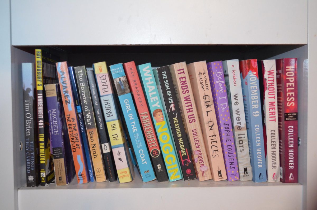 A multitude of books sit on a shelf.