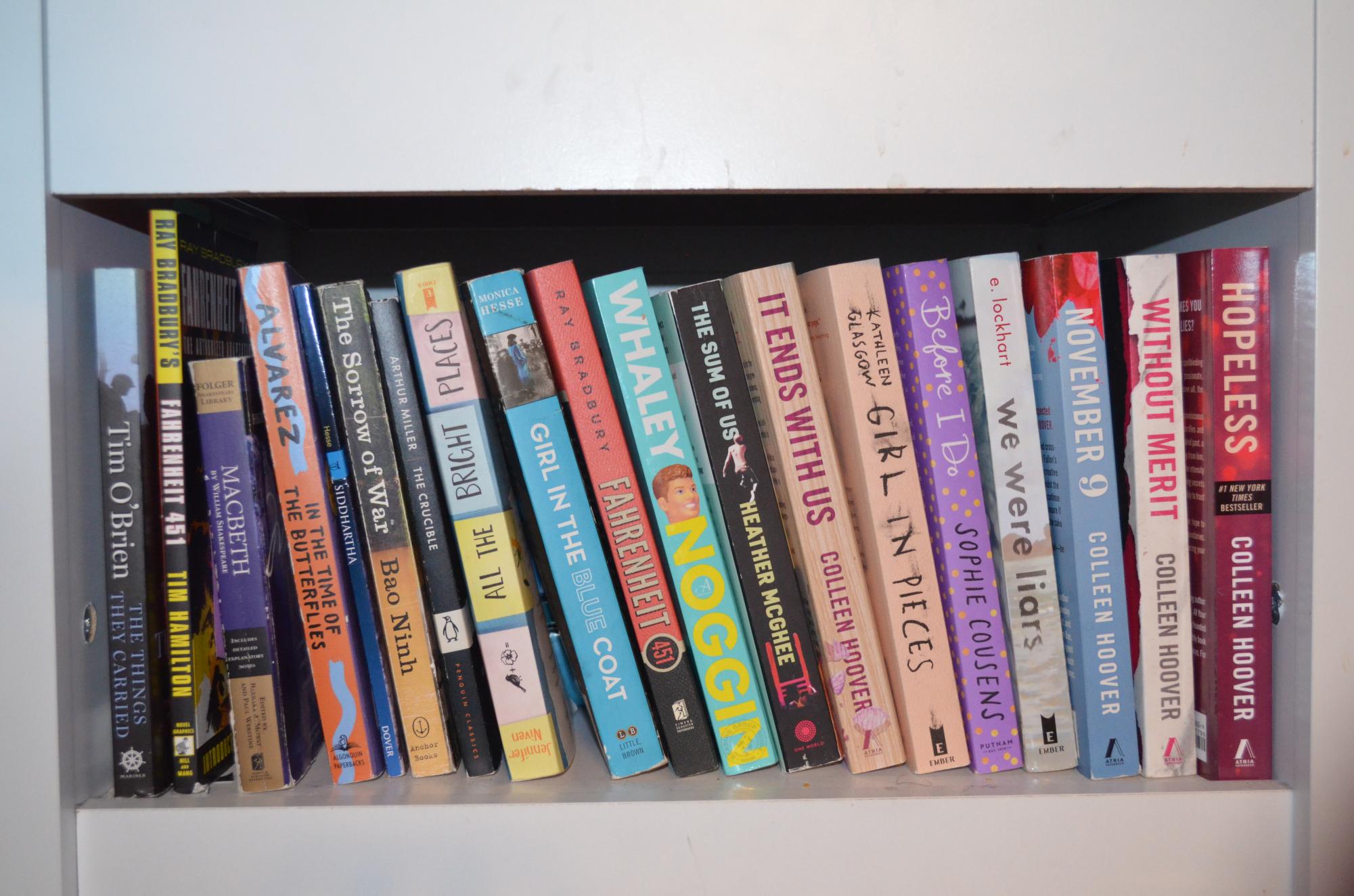 A multitude of books sit on a shelf.